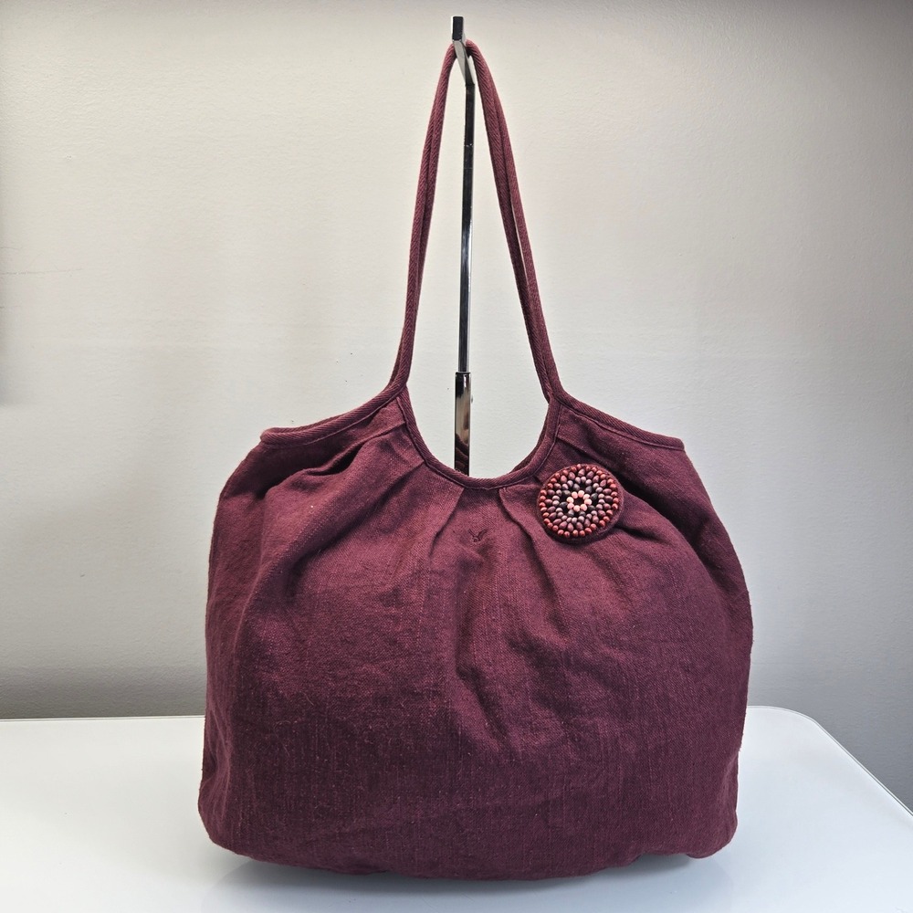 American Eagle Tote Shoulder Bag Plum Purple Boho Beaded‎ Brooch Y2K Whimsigoth